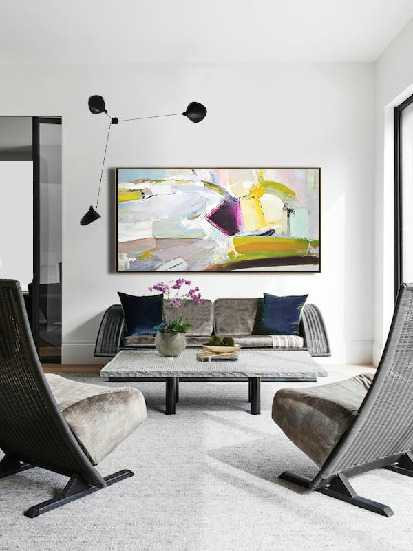 Extra Large 72" Acrylic Painting,Horizontal Palette Knife Contemporary Art Panoramic Canvas Painting,Large Abstract Wall Art,Yellow,Grey,Purple.etc